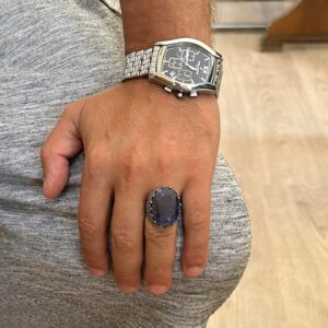 Gerçek Doğal Taş Yüzük - Gül Desenli Yüzük - 925 Ayar Gümüş Yüzük - El Yapımı Büyük Yüzük (Mavi Safir) - Görsel 3