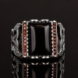 Gerçek Doğal Obsidyen Taş Yüzük, 925 Ayar Gümüş Erkek Yüzük - Görsel 6