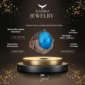 925 Ayar Gümüş Yüzük, Doğal Mavi Akik Taşı ile, El Yapımı Erkek İfadesi Yüzüğü, Vintage Tasarım - Görsel 2