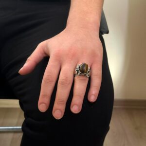 Gerçek Doğal Kaplan Gözü Taşı Yüzük, 925K Katı Gümüş Erkek Yüzüğü, Cesur Tasarım - Görsel 3