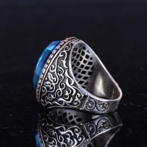 Yapay Taş Yüzük, 925 Ayar Gümüş Erkek Yüzük, Büyük Yüzük (Yapay Akuamarin Taşı) - Görsel 6