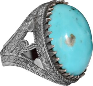 Erkekler için Sterlin Gümüş Yüzük - Doğal Turkuaz Oval Taş, Osmanlı Tasarımı
