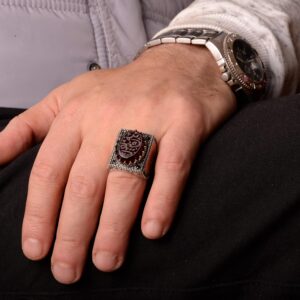 925 Ayar Gümüş Erkek Yüzük, İslami Erkek Yüzük, Müslüman Yüzük, Doğal Akik Taşlı - Görsel 7