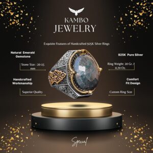 El Yapımı Vintage Tasarım Zümrüt Yüzük - 925 Ayar Gümüş Erkek Yüzük Altın Aksanlarla (Zümrüt) - Görsel 2