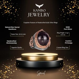 925 Ayar Gümüş Erkek Yüzük Doğal Yıldız Granat Taşı ile - El Yapımı Gümüş Takı, Erkekler İçin Hediyeler - Görsel 2