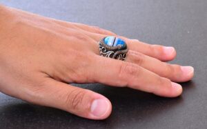 925 Ayar Katı Gümüş Erkek Yüzük, Doğal Taşlarla - El Yapımı Zarafet (Mavi Akik Taşı) - Görsel 6