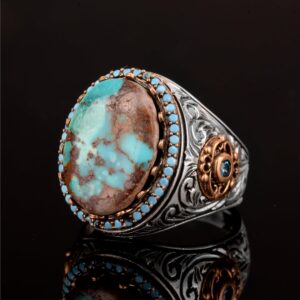 El Yapımı Gerçek Doğal Arizona Turkuaz Taş Yüzük, 925 Ayar Gümüş Yüzük, Sultan Yüzüğü - Görsel 5