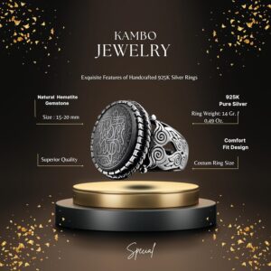 Gerçek Doğal Hematit Taşı Yüzük, İslami Gümüş Yüzük, Erkek Yüzüğü, 925 Ayar Gümüş Yüzük - Görsel 2