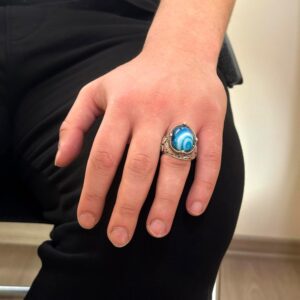 925 Ayar Gümüş El Yapımı Erkek Yüzük - Doğal Mavi Agate Taşlı - Görsel 3