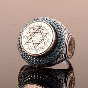 Erkekler için İslami Davud Yıldızı Yüzüğü, Hilal ve Turkuaz İçi, 925 Ayar Gümüş El Yapımı Orta Doğu Tasarımı - Görsel 3