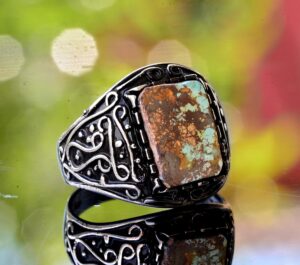 Gerçek Arizona Turkuaz Taş Yüzük, 925 Ayar Gümüş Yüzük Erkekler İçin, Gümüş Yüzük Taş Bandı - Görsel 3