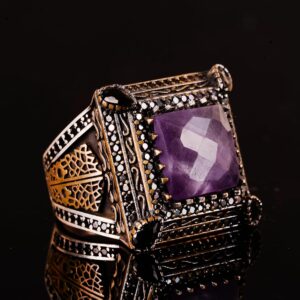 Gerçek Doğal Ametist Yüzük, 925 Ayar Gümüş Yüzük Erkekler İçin, El Yapımı Doğal Taş Yüzük - Görsel 5