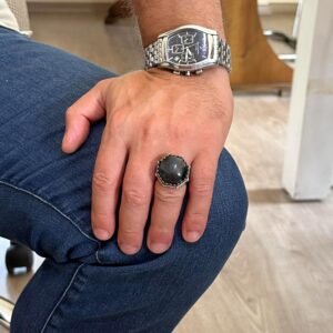 Gerçek Doğal Taş Yüzük - Sekizgen Tasarım - El Yapımı 925 Ayar Gümüş Takı (Obsidyen) - Görsel 3