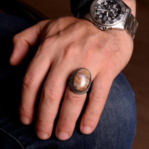 Büyük Yüzük, Gerçek Doğal Ateş Akik Taşı Yüzüğü, 925 Ayar Gümüş Yüzük Erkekler İçin - Görsel 3