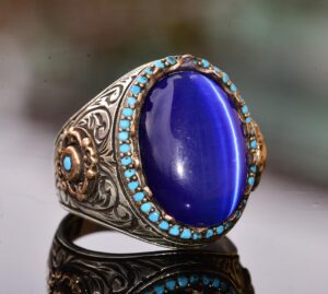 Sterling Gümüş Erkek Kral Yüzük - Yapay Mavi Göz Taşı - Görsel 5