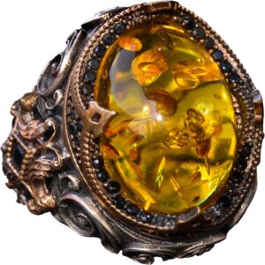 El Yapımı Doğal Olmayan Taş Yüzük - 925 Ayar Gümüş Erkek Takısı (Bal Amberi) - Görsel 1