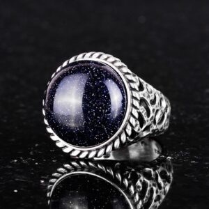 925 Ayar Gümüş Erkek Yüzük - El Yapımı Mavi Güneş Yapay Taşı Yüzük - Modern Tasarım - Görsel 4