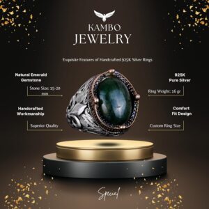 925 Ayar Gümüş El Yapımı Erkek Yüzüğü - Çeşitli Doğal Taşlarla Mevcuttur (Cabochon Zümrüt) - Görsel 5