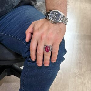 925 Ayar Gümüş Erkek Yüzük, El Yapımı Doğal Yıldız Yakut Taşlı Yüzük, Tasarım Gümüş Erkek Yüzük - Görsel 3