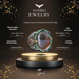 925 Ayar Gümüş Erkek Yüzük, Doğal Akik Taşı ile El Yapımı Vintage Tarzı Gümüş Yüzük - Görsel 2