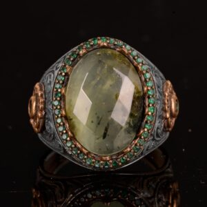 Gerçek Doğal Prehnit Taşı Yüzük, El Yapımı 925 Ayar Gümüş Erkek Yüzük Yeşil Aksanlarla - Görsel 4