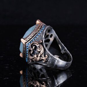 925 Ayar Gümüş Yüzük, Gerçek Doğal Taş Erkek Yüzüğü, El Yapımı Vintage Tasarım (Amazonit) - Görsel 6