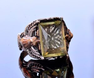 El Yapımı Yapay Citrin Taşlı Yüzük, Kartal Tasarımlı Sterlin Gümüş Erkek Yüzüğü - Neşe ve Refah Sembolü - Görsel 4