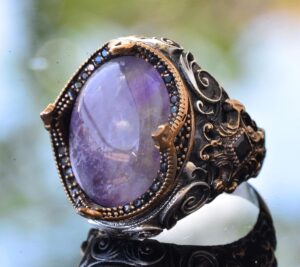 Gerçek Doğal Ametist Taşı, Sultan Yüzük, Erkek Sterlin Gümüş Yüzük, Mor - Görsel 3