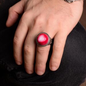 Erkekler için 925 Ayar Gümüş Yüzük, Doğal Druzy Kuvars: Mavi, Yeşil, Kırmızı Varyasyonlar (Kırmızı) - Görsel 3