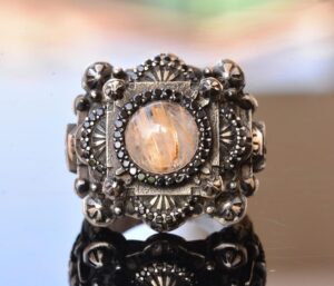 Gerçek Doğal Rutil Altın Kuvars Taşı Yüzük, İslam Yüzüğü, 925 Ayar Gümüş Yüzük, Camii Nakışlı 3D Tasarım - Görsel 5