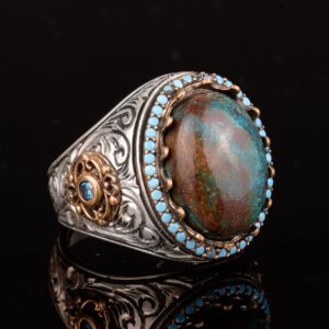 Erkekler için Azurit Taş Yüzük, 925 Ayar Gümüş El Yapımı Bohem Tarzı, Şifa Kristali Takı - Görsel 4