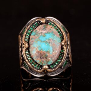 925 Doğal Arizona Turkuaz Taş Yüzük, Oval Sterlin Gümüş Yüzük Erkekler için (Stil-3) - Görsel 2