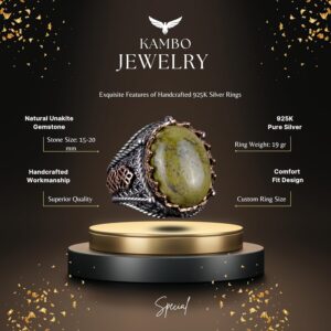 Gerçek Doğal Unakite Taşı Yüzük, El Yapımı 925K Sert Gümüş Erkek Yüzük, Sanatsal Tasarım - Görsel 7