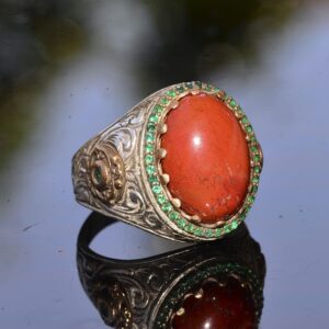 El yapımı Doğal Kırmızı Mercan Yüzük | 925 Ayar Gümüş Erkek Yüzüğü - Görsel 3