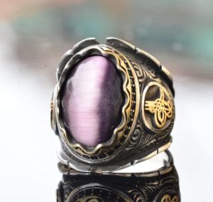 Gerçek Doğal Kedi Gözü Ametist Taşlı, Osmanlı Yüzüğü, Erkek Yüzüğü, Gümüş Yüzük - Görsel 3