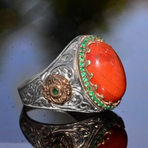 El yapımı Doğal Kırmızı Mercan Yüzük | 925 Ayar Gümüş Erkek Yüzüğü - Görsel 4