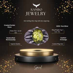 Sterling Gümüş Pençe Yüzük, Yaratılmış Peridot Taşı ile - Görsel 2