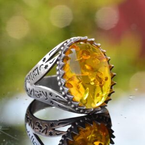 İslami Yüzük, Erkekler için 925K Katı Gümüş Yüzük, Yapay Amber Taşı Yüzüğü - Görsel 3