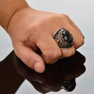 El Yapımı 925 Ayar Gümüş Erkek Yüzük, Gerçek Mavi Safir Taşı - Karmaşık Osmanlı İşlemeli Tasarım, Ortadoğu Etkili Yüzük - Görsel 7