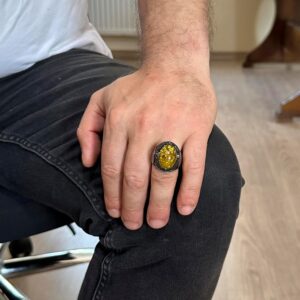 David Yıldızı Yüzüğü, Yapay Taş Yüzük, 925 Ayar Gümüş Süleyman Yüzüğü (Bal Amber Yapay) - Görsel 3