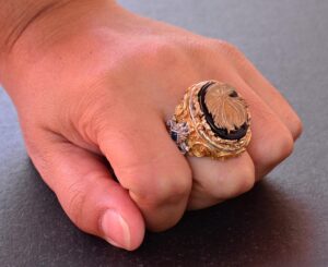 El Yapımı Oniks Yüzük - 925 Ayar Katı Sterlin Gümüş Erkek Altın Kaplama Yüzük (Kartal) - Görsel 6