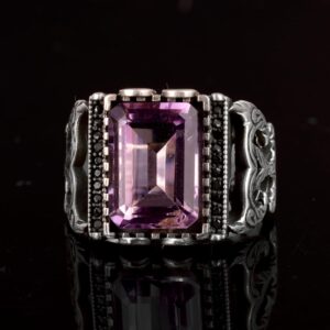 Gerçek Doğal Ametist Taşlı Yüzük, 925 Ayar Gümüş Erkek Yüzüğü - Görsel 5