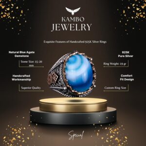 Gerçek Doğal Mavi Agat Taş Yüzük, 925 Ayar Gümüş Yüzük Erkekler İçin, Farklı Yüzük - Görsel 6