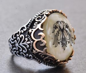 Erkekler için Gümüş İki Başlı Kartal Yüzüğü - İnci ile Ayrıntılı Tasarım - Görsel 4