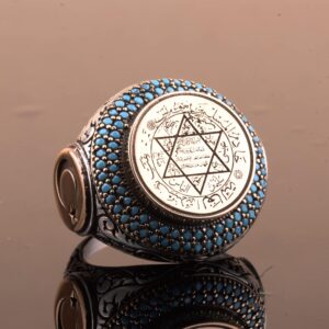 Erkekler için İslami Davud Yıldızı Yüzüğü, Hilal ve Turkuaz İçi, 925 Ayar Gümüş El Yapımı Orta Doğu Tasarımı - Görsel 8