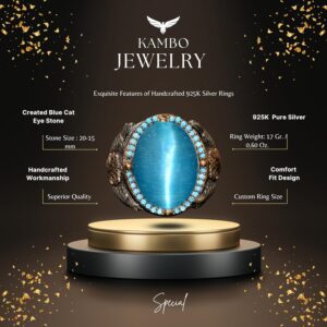 El Yapımı Şahin Pençesi Tasarım Yüzük, Oluşturulmuş Mavi Kedi Gözü Taşı - 925 Ayar Gümüş Erkek Takısı - Görsel 2