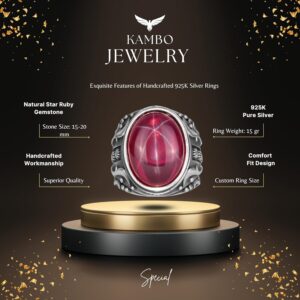 925 Ayar Gümüş Erkek Yüzük, El Yapımı Doğal Yıldız Yakut Taşlı Yüzük, Tasarım Gümüş Erkek Yüzük - Görsel 2