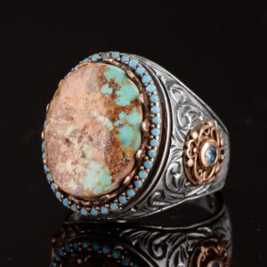 Erkek El Yapımı Gerçek Doğal Arizona Turkuaz Taş Yüzük, 925 Ayar Gümüş Yüzük, Sultan Yüzük - Görsel 5