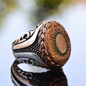 El Yapımı Sterlin Gümüş Erkek Yüzük | Bakır ve Yeşil Taş Dolgu | Cesur ve Şık Tasarım - Görsel 4
