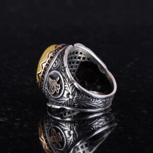 Osmanlı Tuğra Gümüş Yüzük, Doğal Sarı Akik Taşlı Yüzük, 925 Ayar Gümüş Yüzük Erkekler İçin - Görsel 7